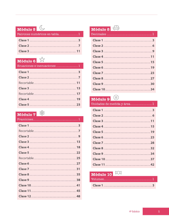 Índice planificación de clase Matemáticas, cuarto básico, página octava