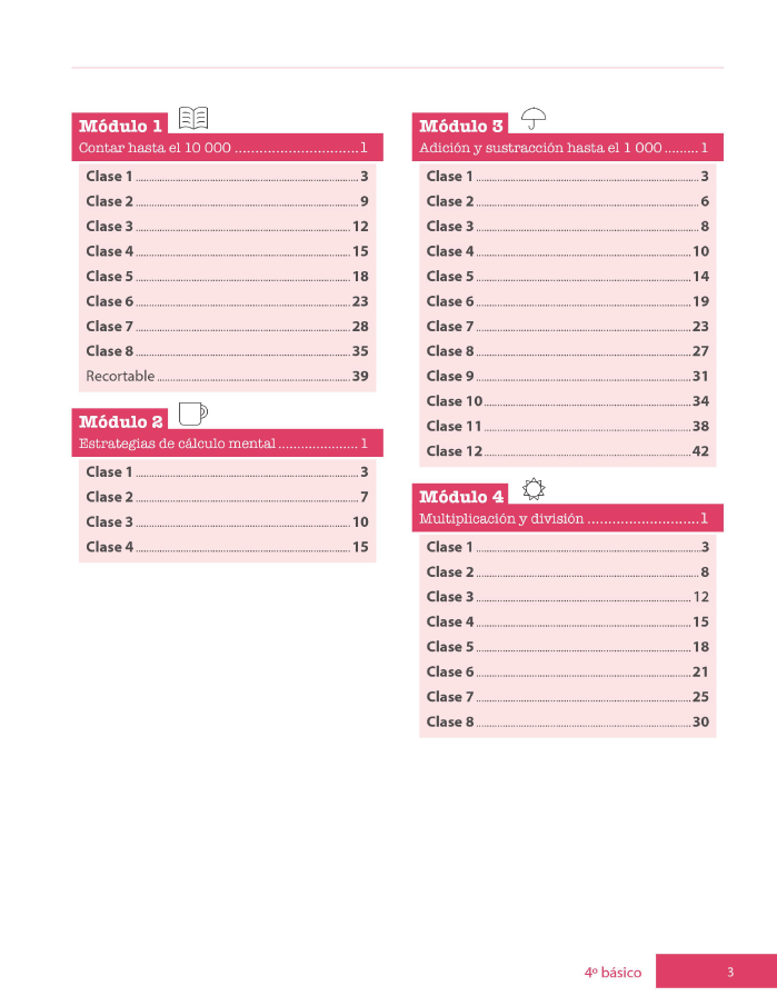 Índice planificación de clase Matemáticas, cuarto básico, página septima