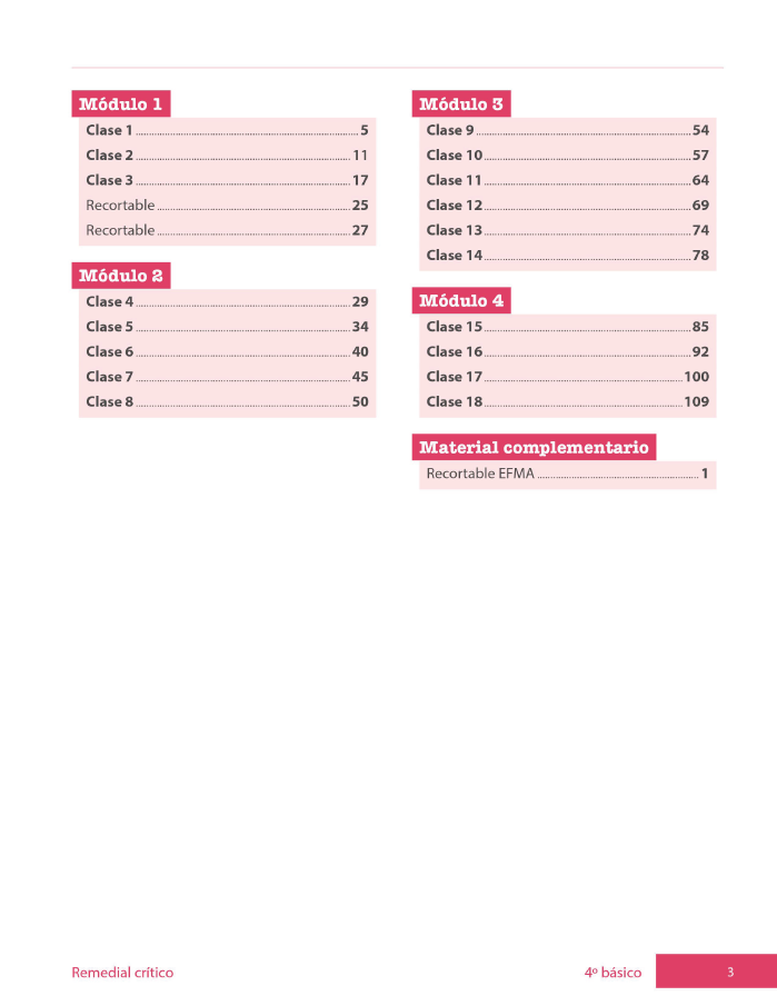 Índice planificación de clase Matemáticas, cuarto básico, página sexta