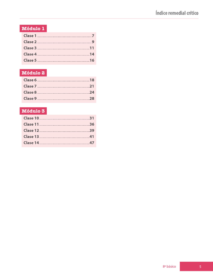 Índice planificación de clase Matemáticas, octavo básico, página quinta