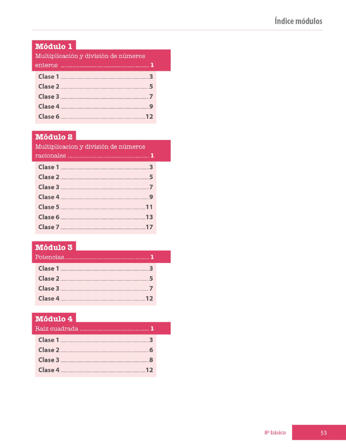 Índice planificación de clase Matemáticas, octavo básico, página sexta