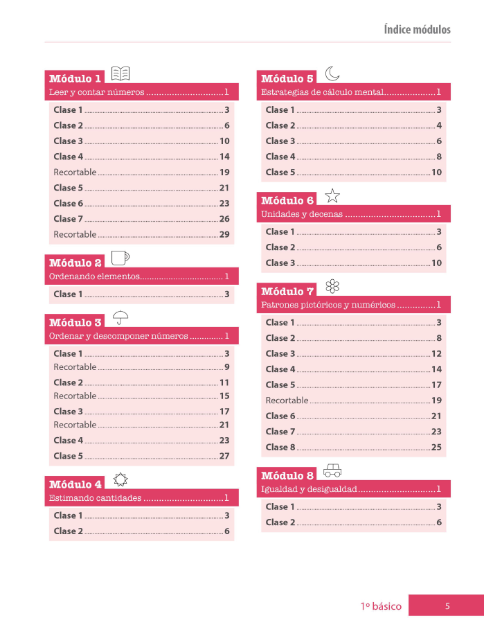 Índice planificación de clase Matemáticas, primero básico, página cuarta