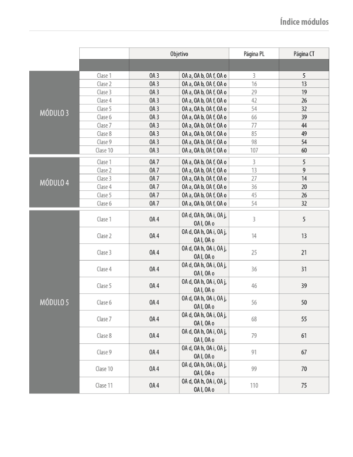 Índice planificación de clase Matemáticas, primero medio, página dos