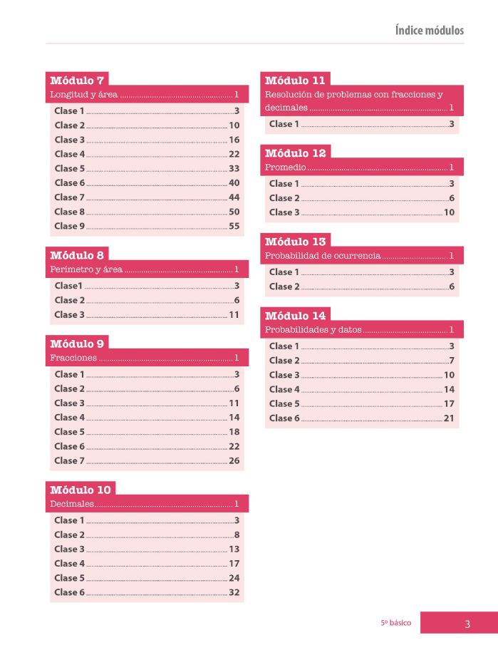 Índice planificación de clase Matemáticas, quinto básico, página séptima