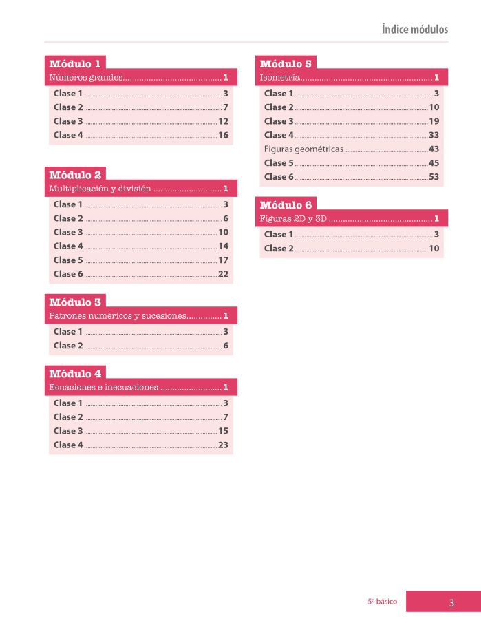 Índice planificación de clase Matemáticas, quinto básico, página sexta