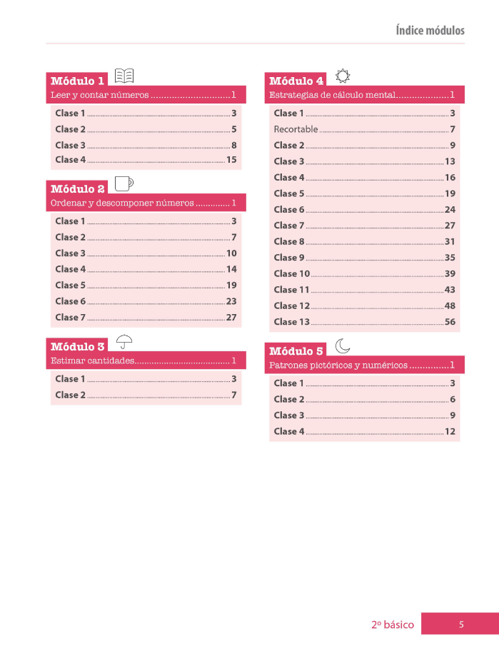 Índice planificación de clase Matemáticas, segundo básico, página cuarta