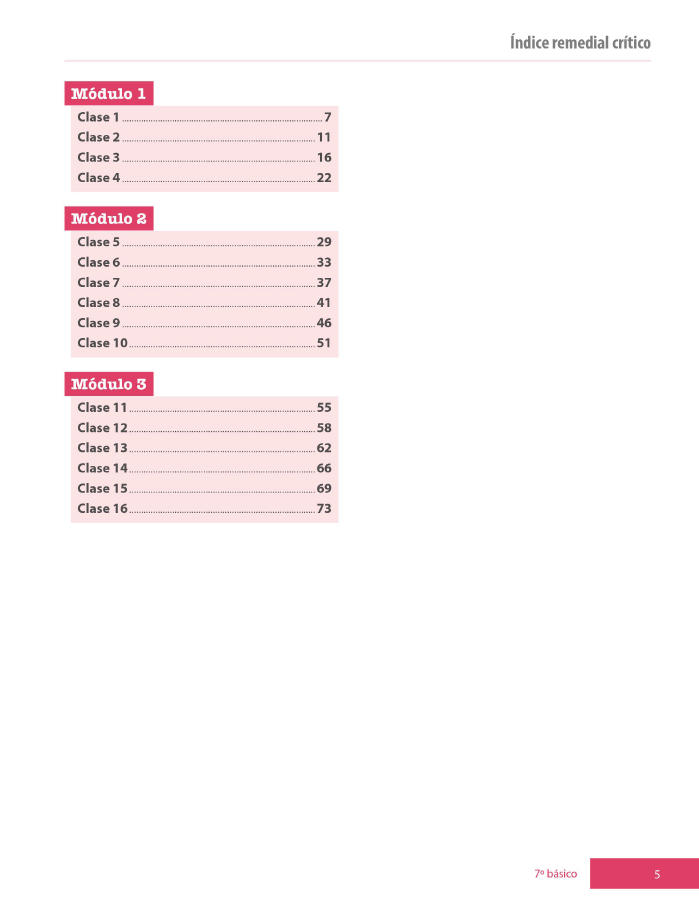 Índice planificación de clase Matemáticas, séptimo básico, página quinta