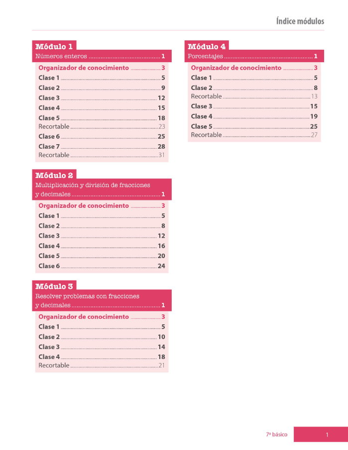 Índice planificación de clase Matemáticas, séptimo básico, página sexta