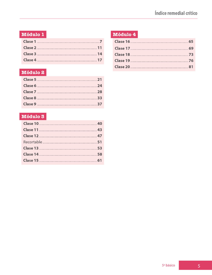 Índice planificación de clase Matemáticas, sexto básico, página cuarta