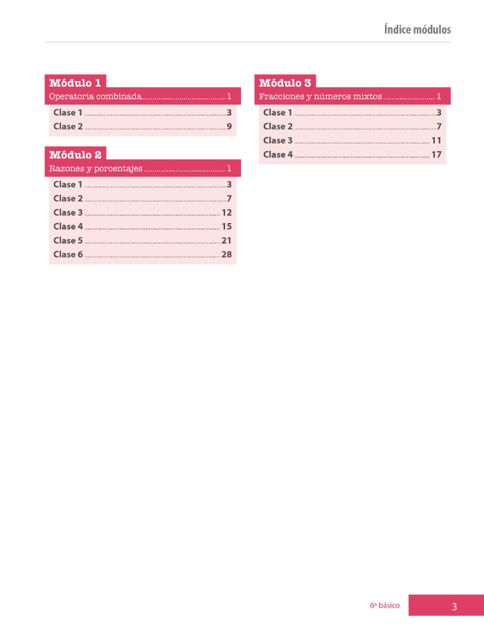 Índice planificación de clase Matemáticas, sexto básico, página quinta