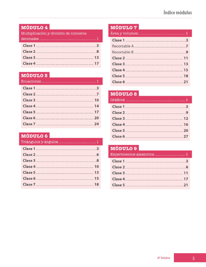 Índice planificación de clase Matemáticas, sexto básico, página sexta