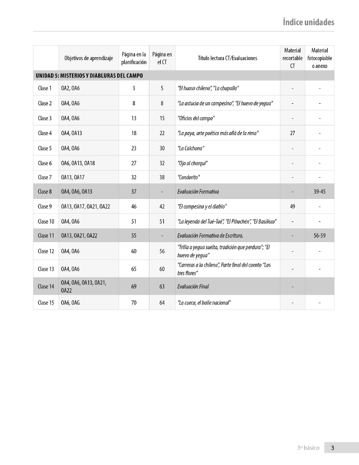 Índice planificación de clase Lenguaje, tercero básico, página octava