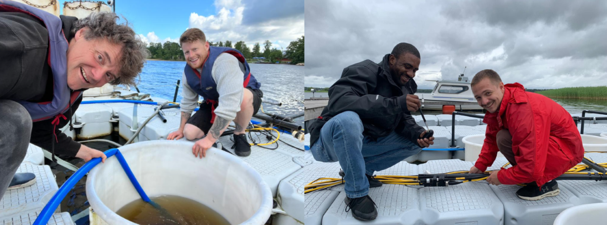 composite image of scientists working at mesocosm facility