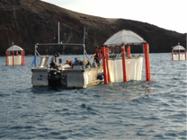 Sampling of the KOSMOS mesocosms during an experiment on the effects of ocean acidification off Gran Canaria in 2014