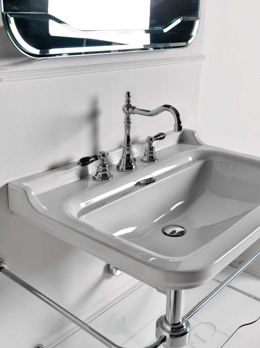 Close up of a retro style washbasin with chromed support