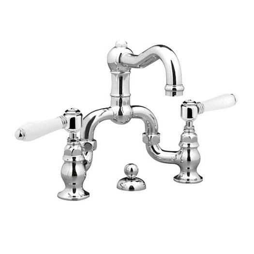 Bridge washbasin tap with white ceramic handles