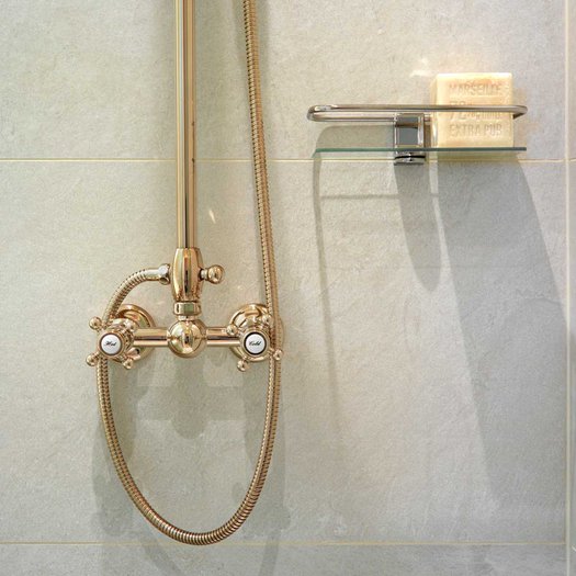 Detail of a retro style shower ensemble in the finish English Gold