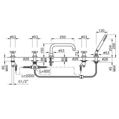 M.Croce 5-hole deck-mounted bathtub mixer 950.2224.xx.xx