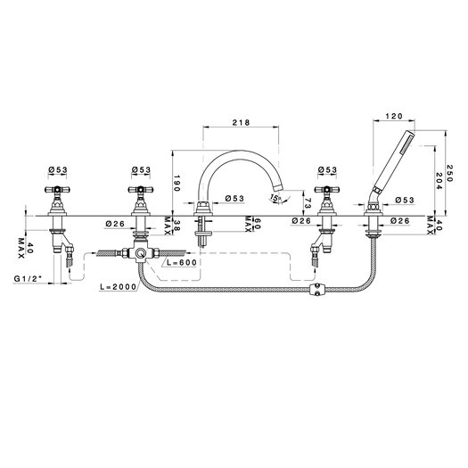 Deck mounted 5-hole mixer tap for bathtub 950.2314.xx.xx