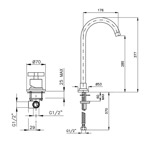 Single lever high basin mixer, mounted on tablet