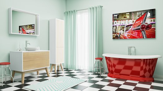 Bateau bad met buitenkant in blinkend rood voor de Fifties badkamer