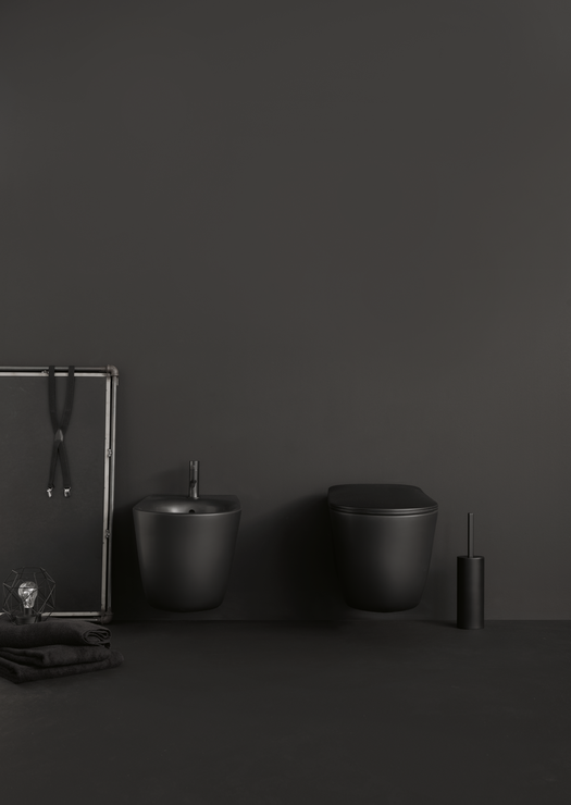 WC en bidet in het mat zwart, maar ook beschikbaar in andere kleuren