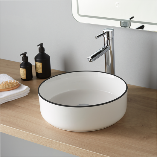 Lavabo blanc avec rebord en porcelaine bleue