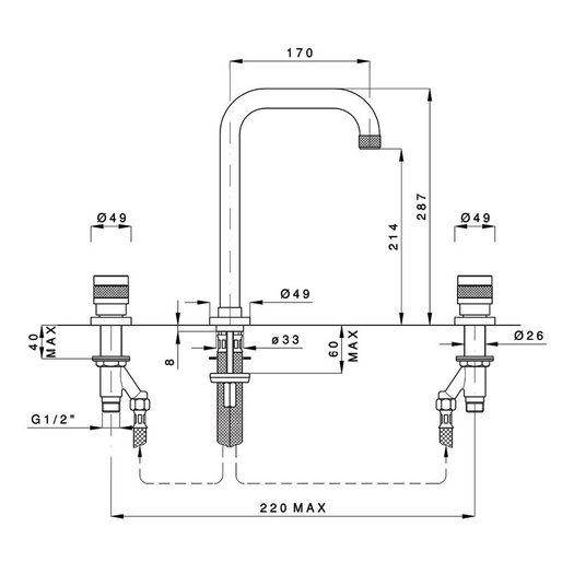 Verhoogde 3 gats lavabo kraan Khady 950.2438TC.21