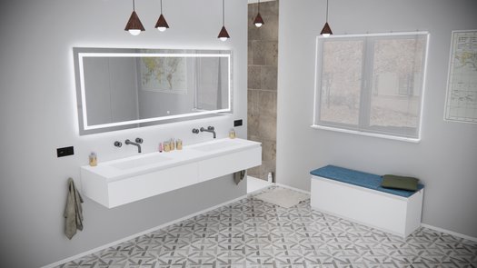 Moderne badkamer met trendy gelakt meubel en LED spiegel