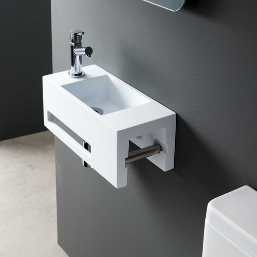 Lave-mains avec porte-rouleau de papier toilette et porte-serviette intégré