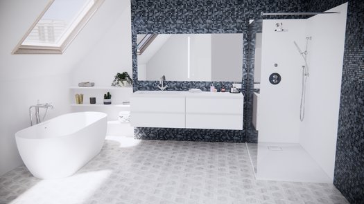 Salle de bain-grenier tendance avec meuble salle de bain Pure White et Loft