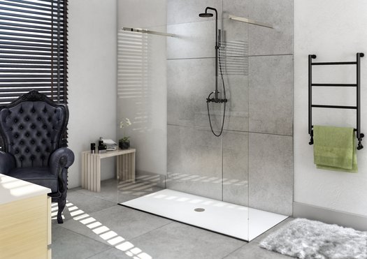 Salle de bains contemporaine avec receveur de douche en Solid Surface