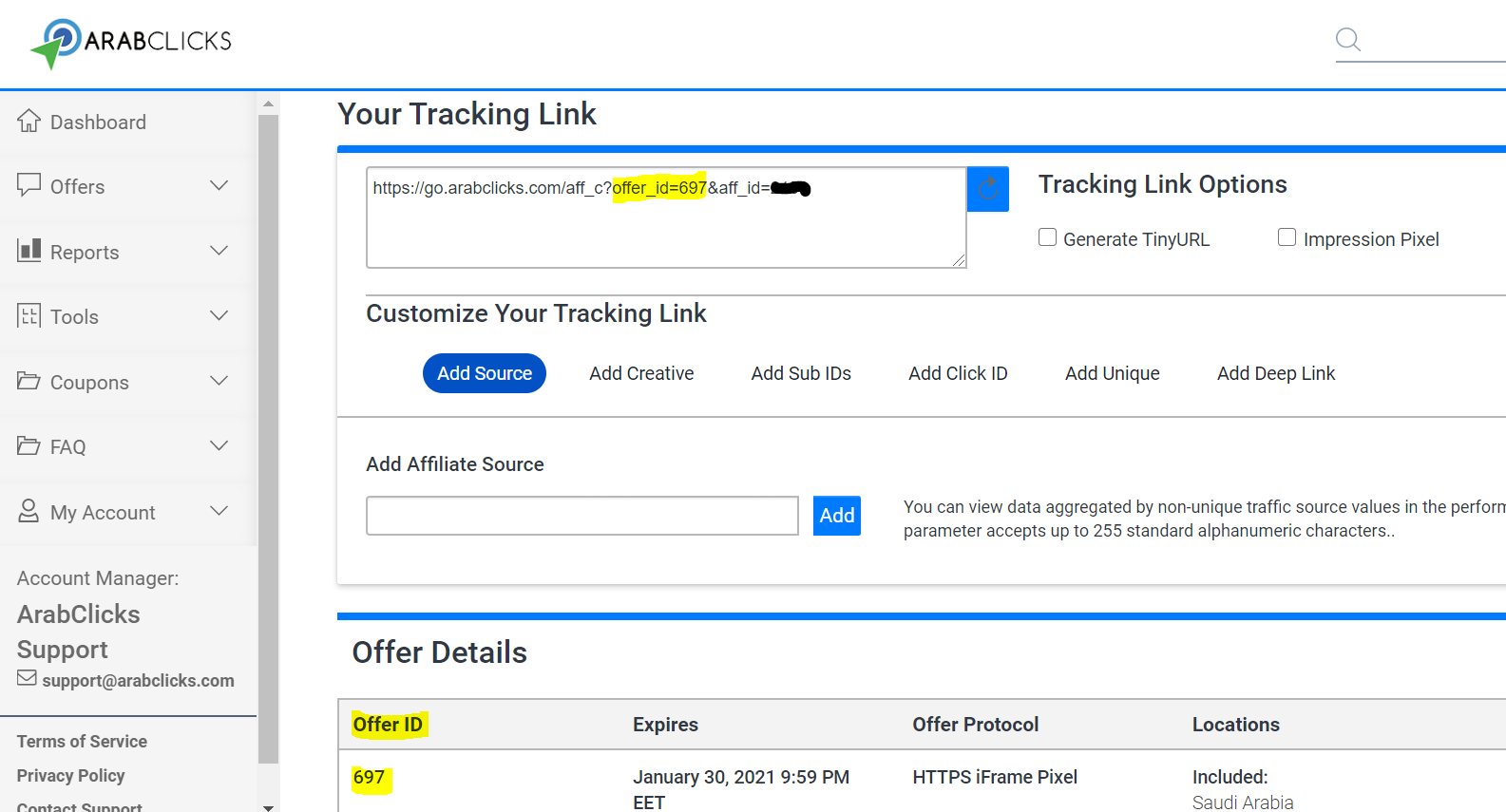 ArabClicks Offer ID - where to find it