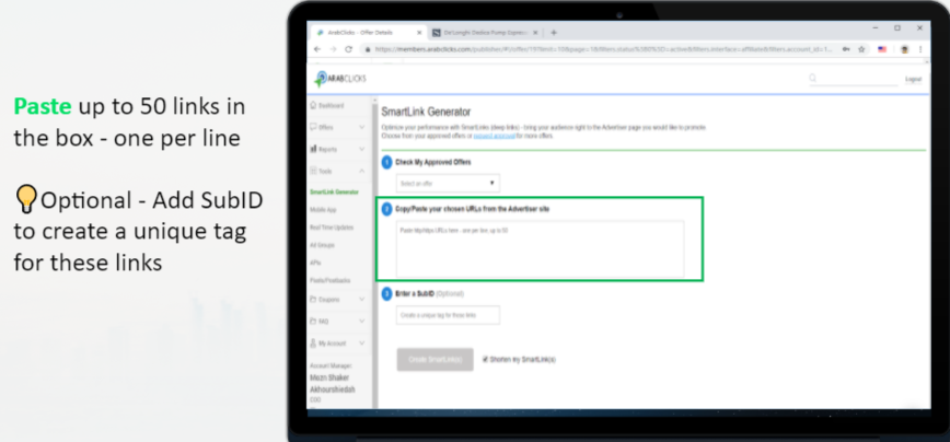 Paste your links and choose subID if you want to track individual campaigns