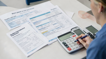 Gastric bypass cost guide with hospital billing documents, insurance forms, and a medical cost calculator