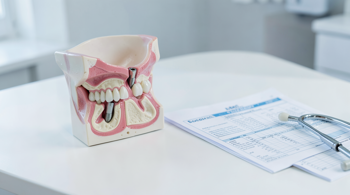 Model čeljusti sa zubnim implantatom pored dokumenta dopunskog zdravstvenog osiguranja na stolu u dentalnoj ordinaciji