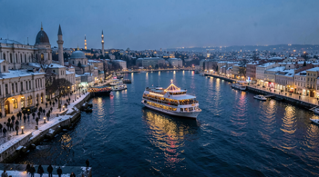 Illuminated Istanbul skyline and Bosphorus cruise during the New Year holiday