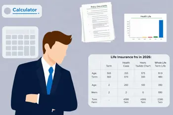Editorial illustration of a 2026 life insurance premium comparison with charts, policy documents, and a calculator
