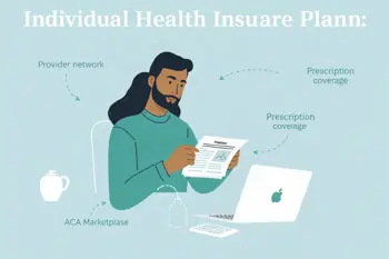 Individual reviewing health insurance plan documents, provider networks, premiums, deductibles, and enrollment options