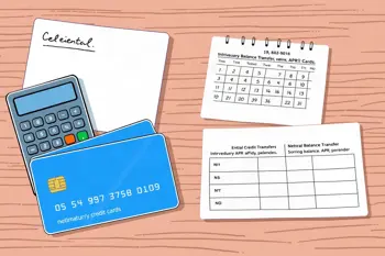 Generic credit cards, calculator, and repayment calendar representing balance transfer card comparisons