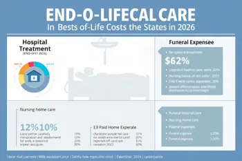Infographic illustrating United States end-of-life care costs in 2026 across hospitals, hospice, nursing homes, home care, and funerals