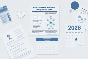 Documents and calculator representing a comparison of 2026 health insurance plans, costs, provider networks, and prescription coverage