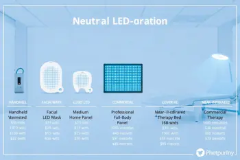 LED light therapy price comparison showing handheld devices, face masks, home panels, professional panels, and commercial therapy beds