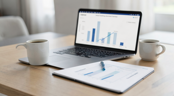A professional desk setting showing financial planning and analytical graphs.