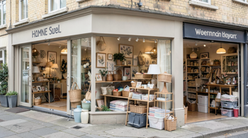 A neutral editorial view of stores and shelves featuring affordable home decor, furniture, seasonal decorations, textiles, and household accessories