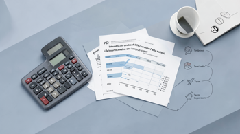 Editorial illustration showing life insurance policy documents, a calculator, and an age-based premium chart