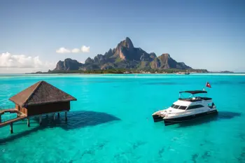 Bora Bora overwater bungalows and lagoon during the New Year vacation period