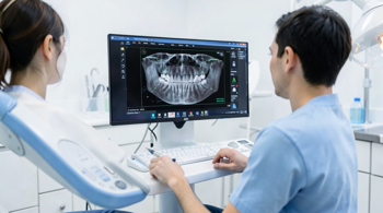 A dental specialist reviewing a 3D CBCT scan on a computer screen for implant treatment planning
