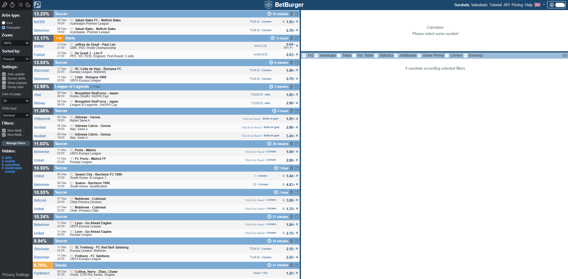 Sports Betting Algoritm - BetBurger interface