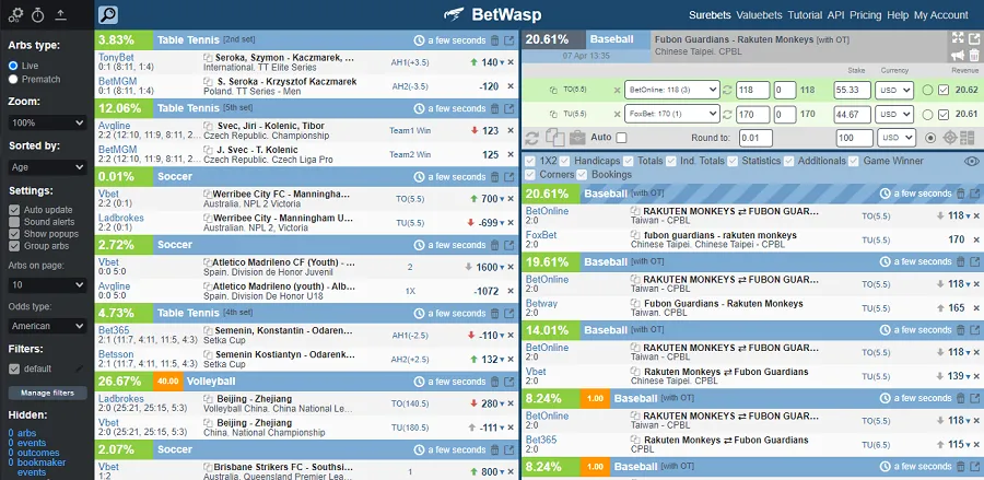 Surebet scanning results